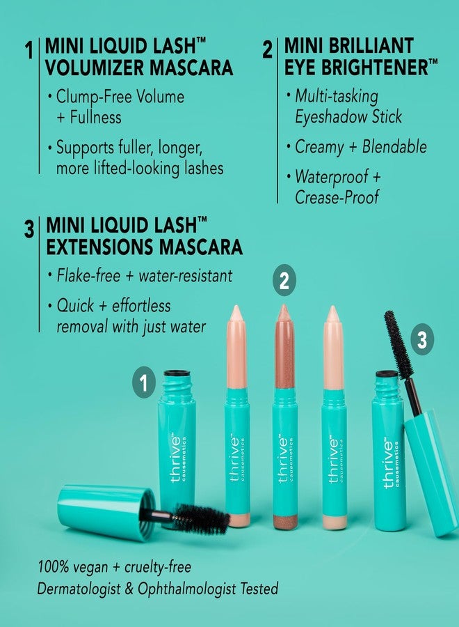 Thrive Causemetics Mini Makeup Essentials, Gift Set for Women, Deluxe Mini Liquid Lash Extensions & Volumizer Mini Mascaras, Brynn (Rich Black), Mini Eye Brightener Highlighter Sticks - 3 Shades - Image 2